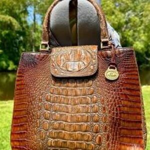 Brahmin Croc-Embossed Satchel in Rich Brown